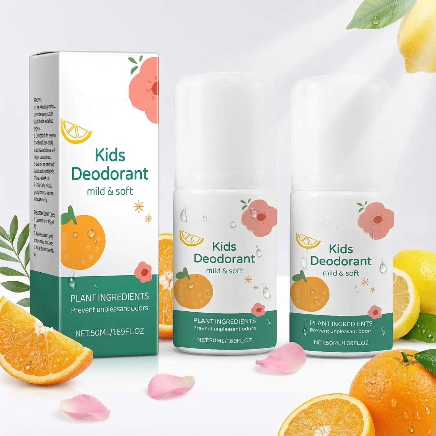 Two bottles of gentle, long-lasting natural deodorant for kids with sensitive skin, featuring vanilla and citrus extracts for a pleasant scent and effective odor control.