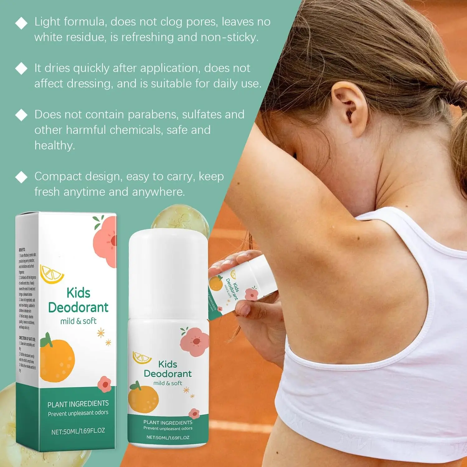 Two bottles of gentle, long-lasting natural deodorant for kids with sensitive skin, featuring vanilla and citrus extracts for a pleasant scent and effective odor control.