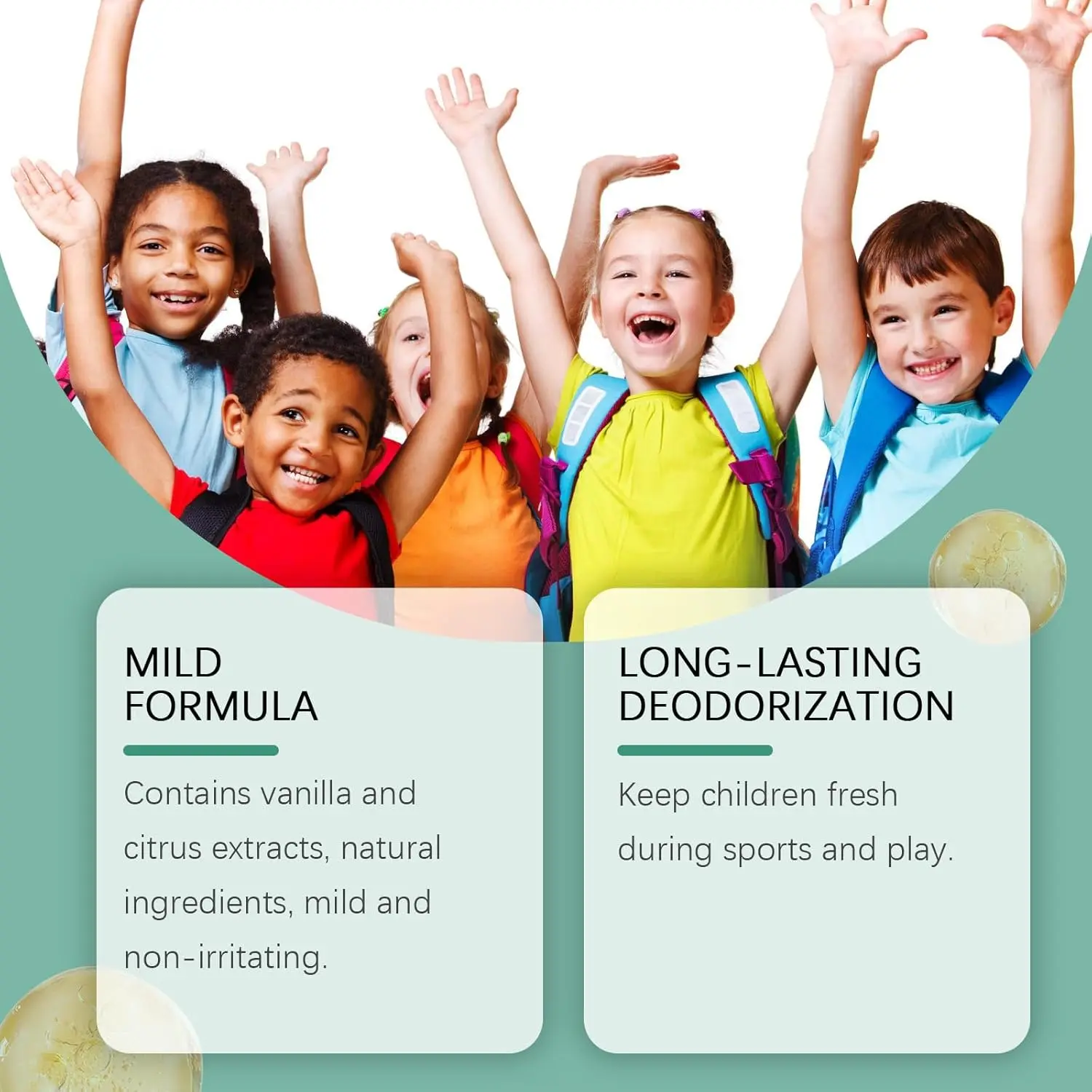 Two bottles of gentle, long-lasting natural deodorant for kids with sensitive skin, featuring vanilla and citrus extracts for a pleasant scent and effective odor control.