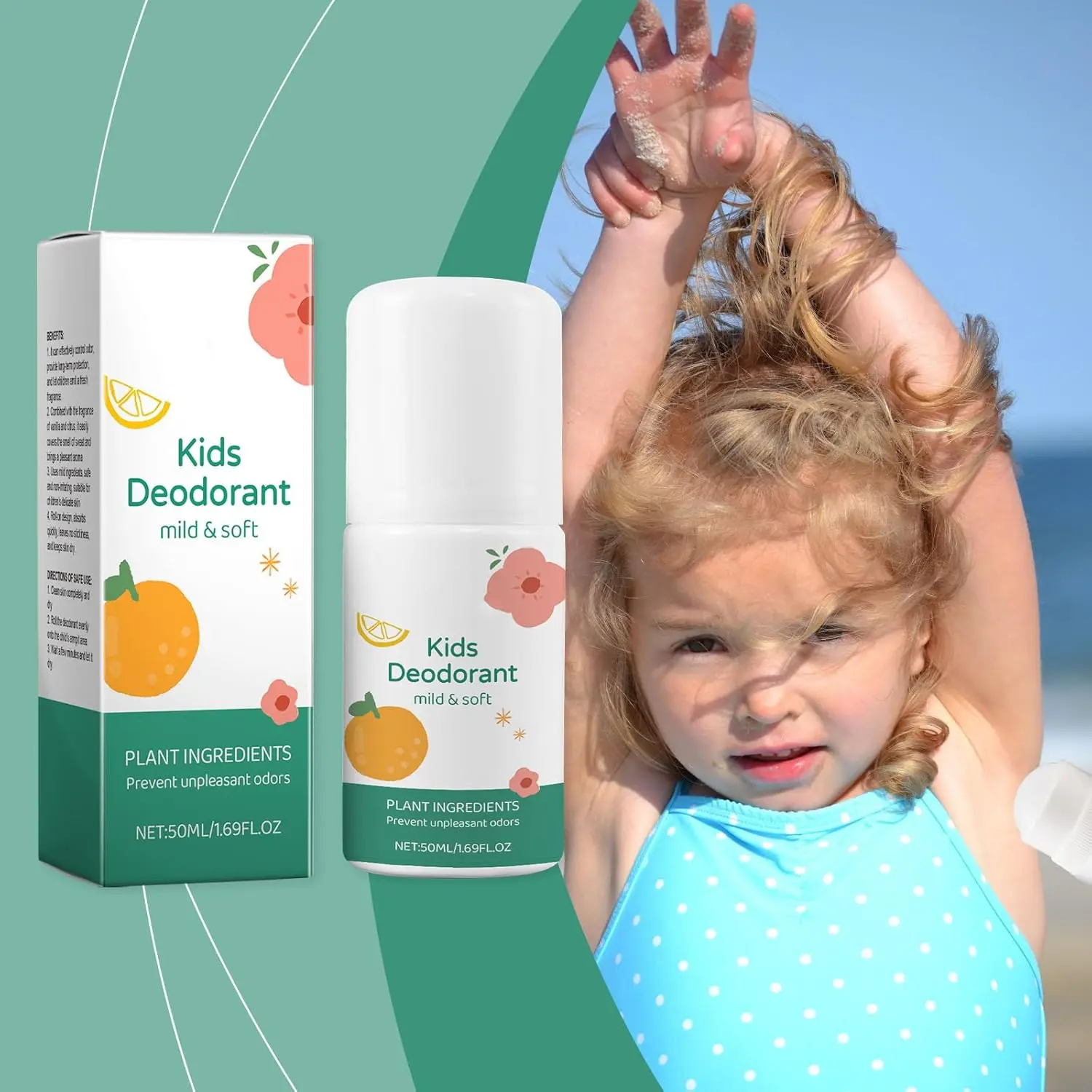 Two bottles of gentle, long-lasting natural deodorant for kids with sensitive skin, featuring vanilla and citrus extracts for a pleasant scent and effective odor control.