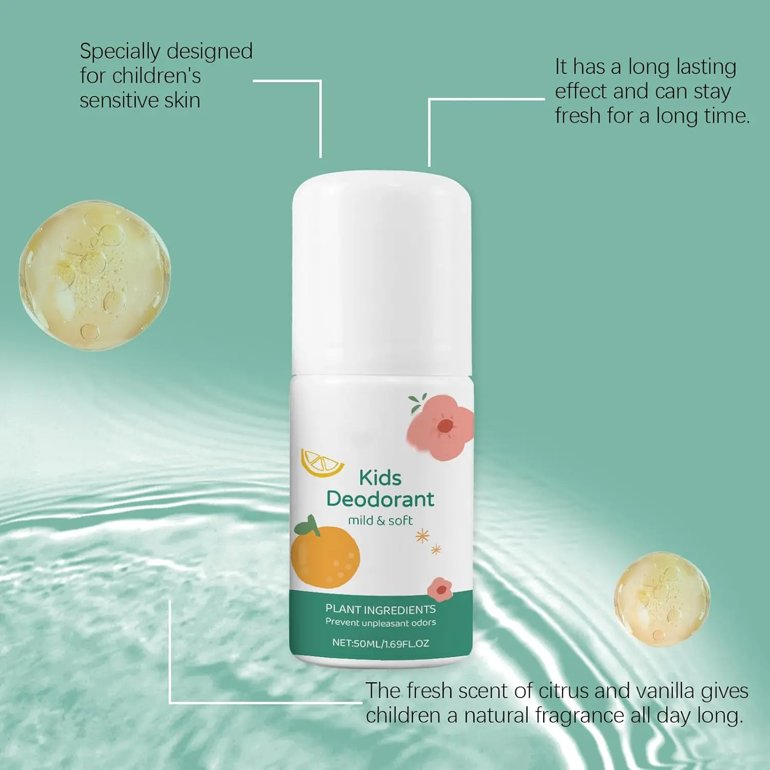 This natural kids deodorant with vanilla and citrus extracts is designed for sensitive skin, offering long-lasting odor protection and a pleasant scent to boost confidence.