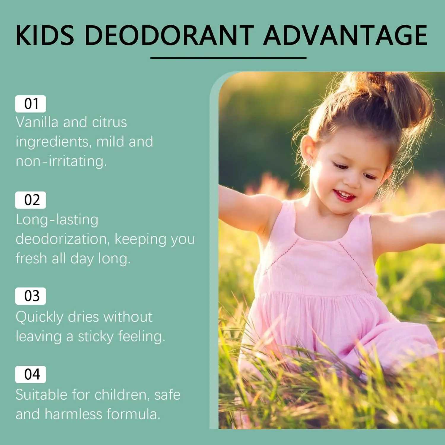 Two bottles of gentle, long-lasting natural deodorant for kids with sensitive skin, featuring vanilla and citrus extracts for a pleasant scent and effective odor control.