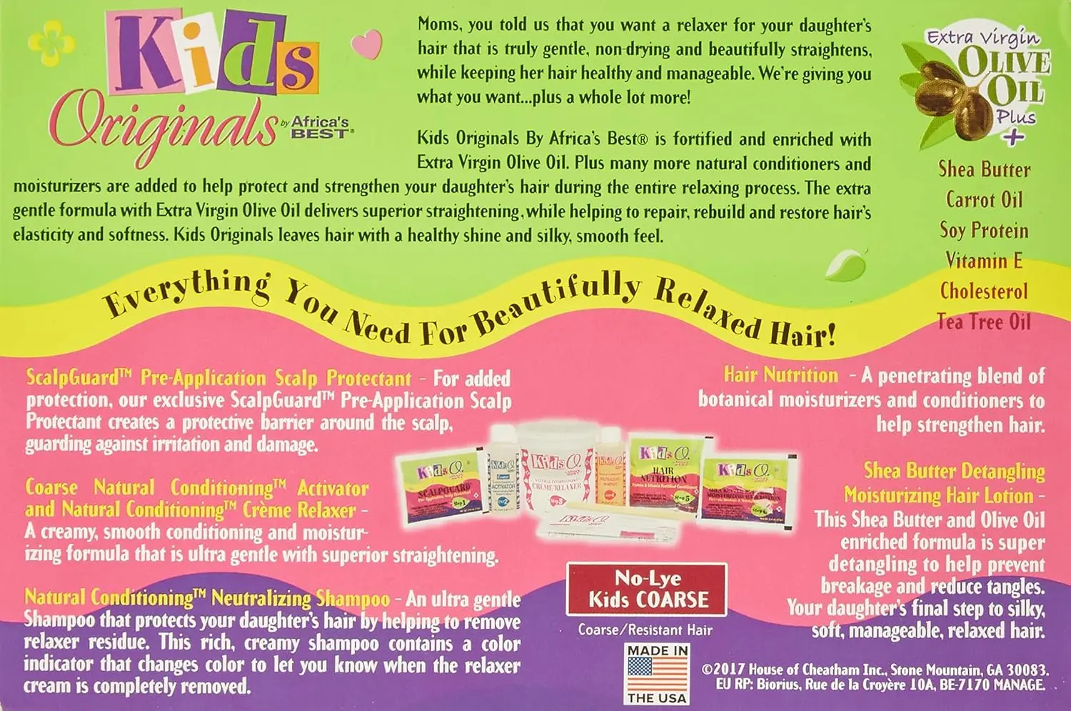 Africa's Best Kids Organics No-Lye Relaxer System straightens, repairs, and strengthens coarse hair textures while protecting the scalp and restoring softness and elasticity.