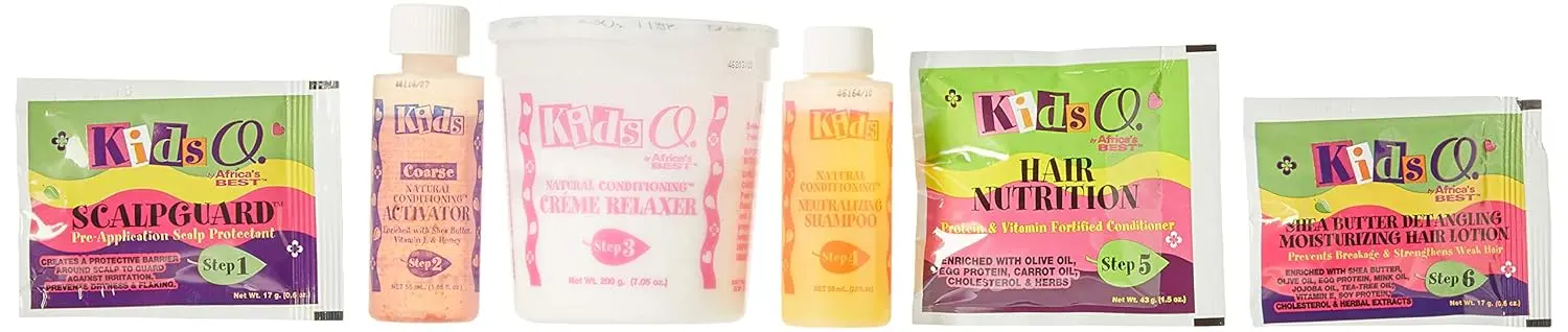 Africa's Best Kids Organics No-Lye Relaxer System straightens, repairs, and strengthens coarse hair textures while protecting the scalp and restoring softness and elasticity.
