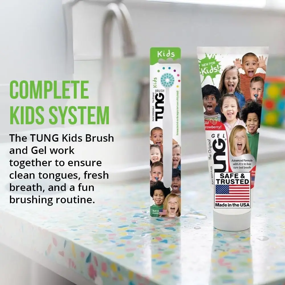 This wild strawberry flavored tongue cleaning gel for kids helps fight bad breath and makes tongue cleaning an essential part of daily oral care.