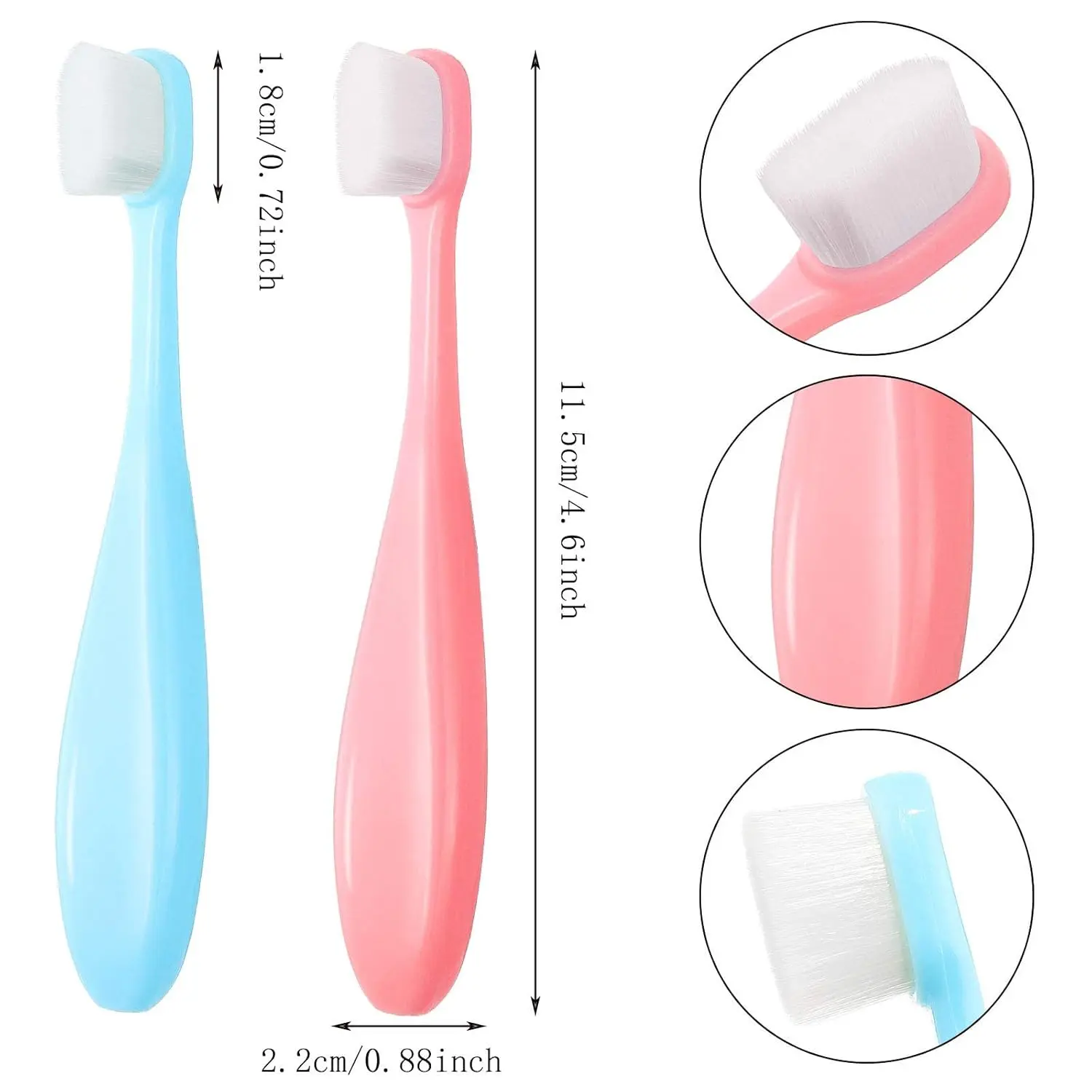 Four extra soft nano toothbrushes in blue and pink colors designed for toddlers and children for gentle and effective teeth cleaning.
