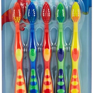 This multi color five-pack of Dr. Fresh kids toothbrushes features extra soft angled bristles and a small head designed for effectively cleaning children's teeth and reaching back teeth.