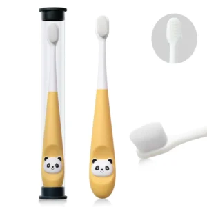 Orange kids toothbrush with extra soft nano bristles designed for toddlers and children for gentle teeth and gum cleaning.