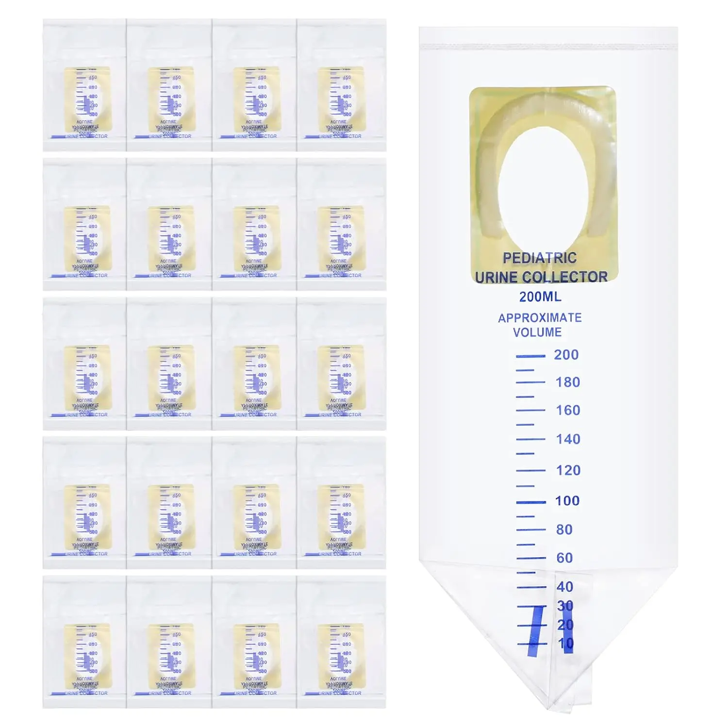 This image shows a clear, disposable pediatric urine collection bag, individually packaged for easy and sanitary urine collection from children.