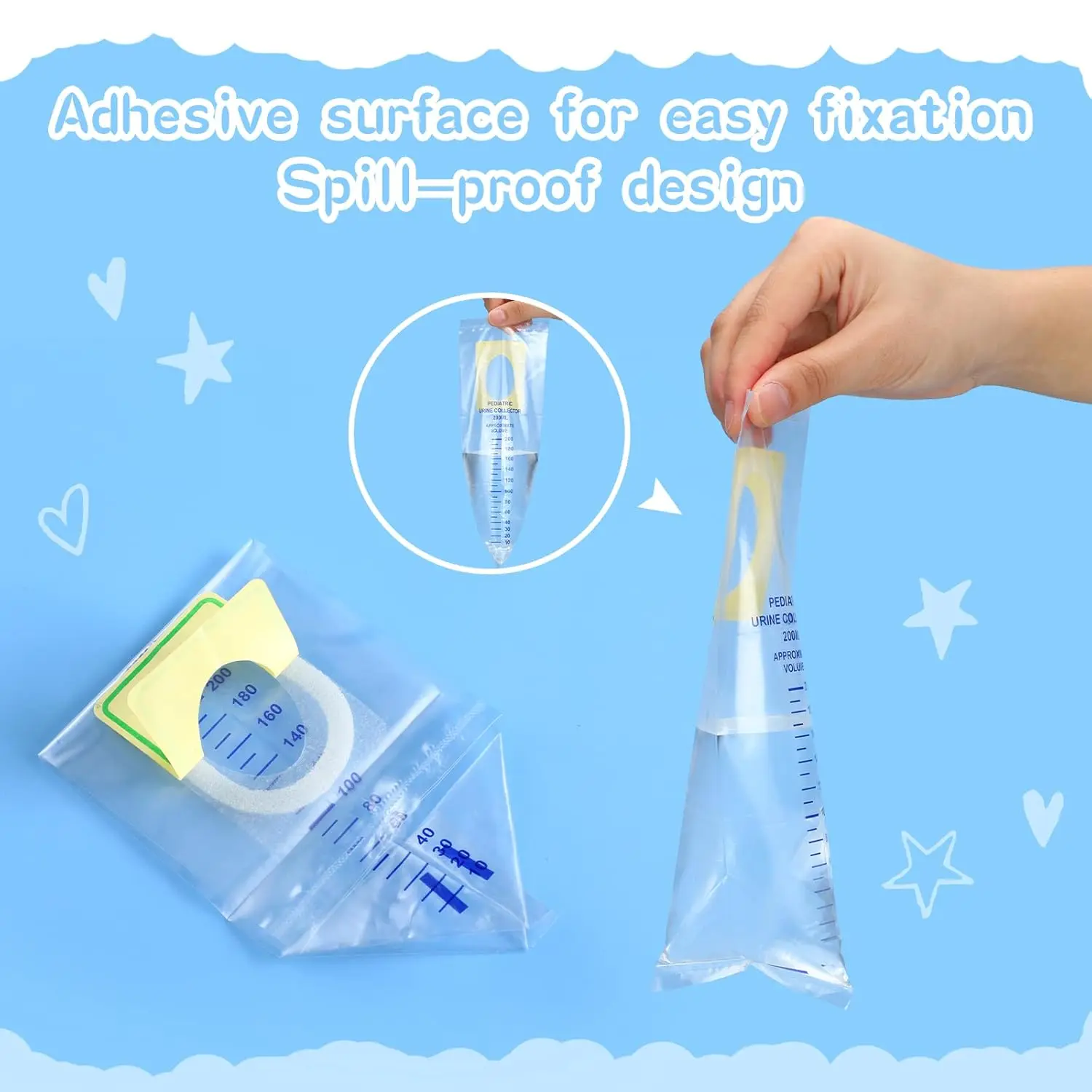 This image shows a clear, disposable pediatric urine collection bag, individually packaged for easy and sanitary urine collection from children.