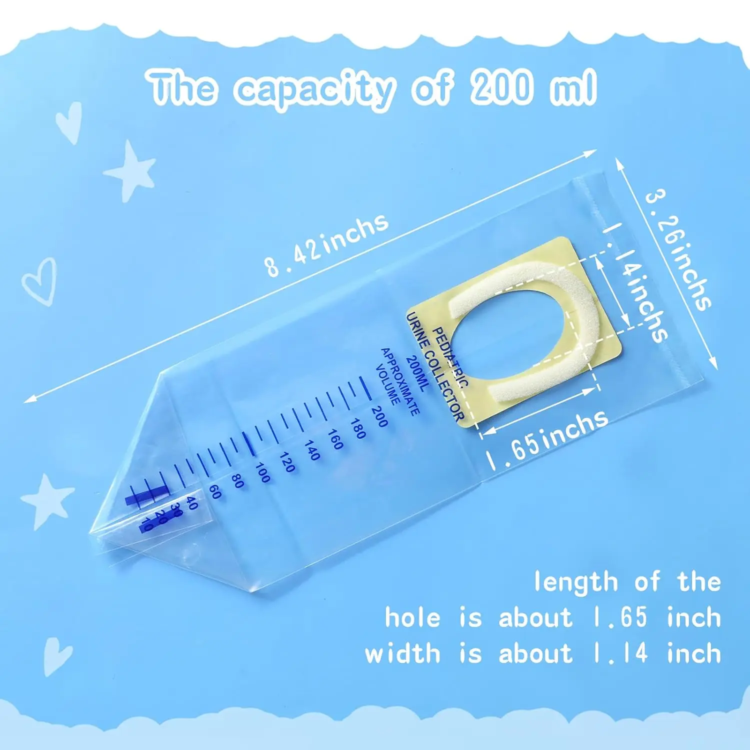 This image shows a clear, disposable pediatric urine collection bag, individually packaged for easy and sanitary urine collection from children.