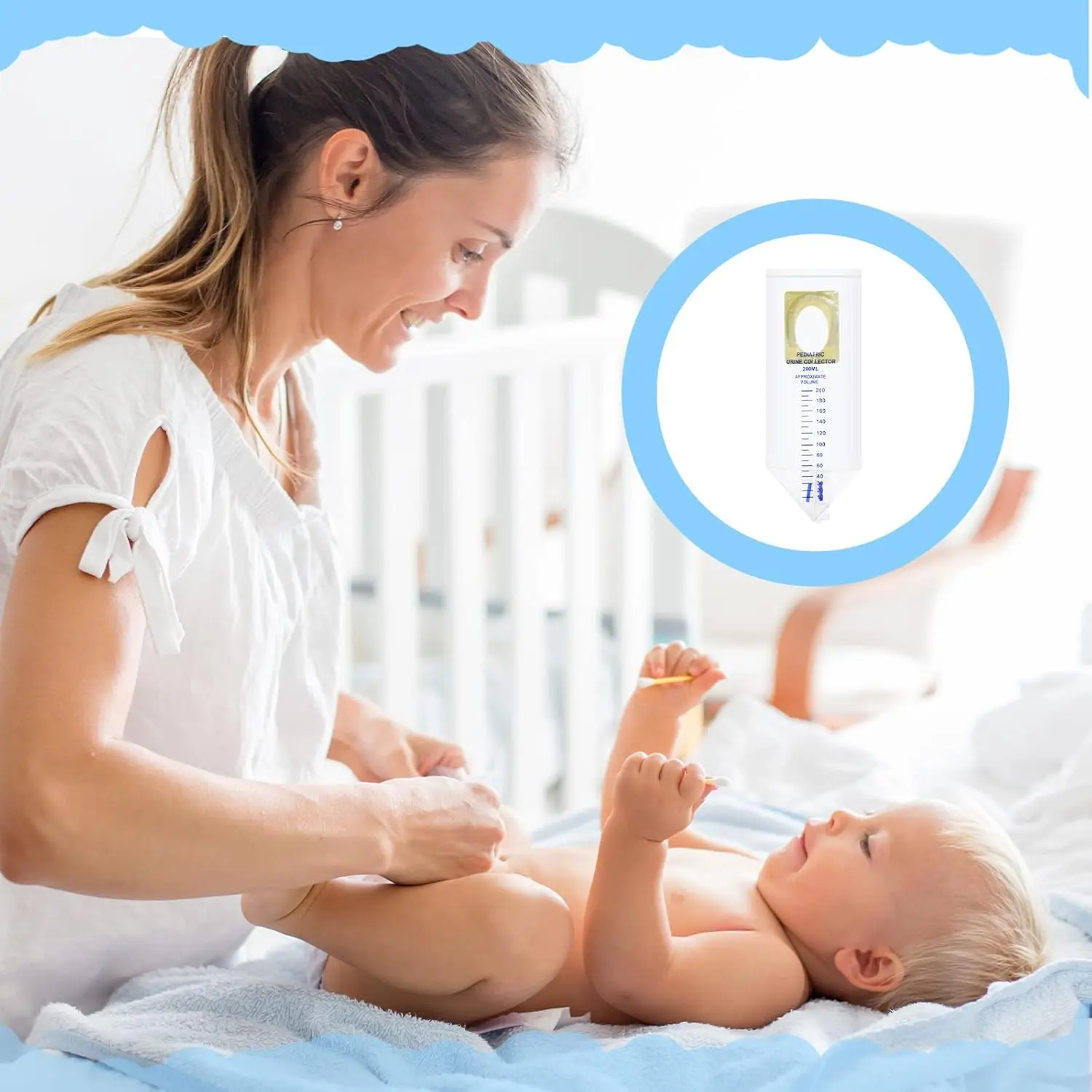 This image shows a clear, disposable pediatric urine collection bag, individually packaged for easy and sanitary urine collection from children.