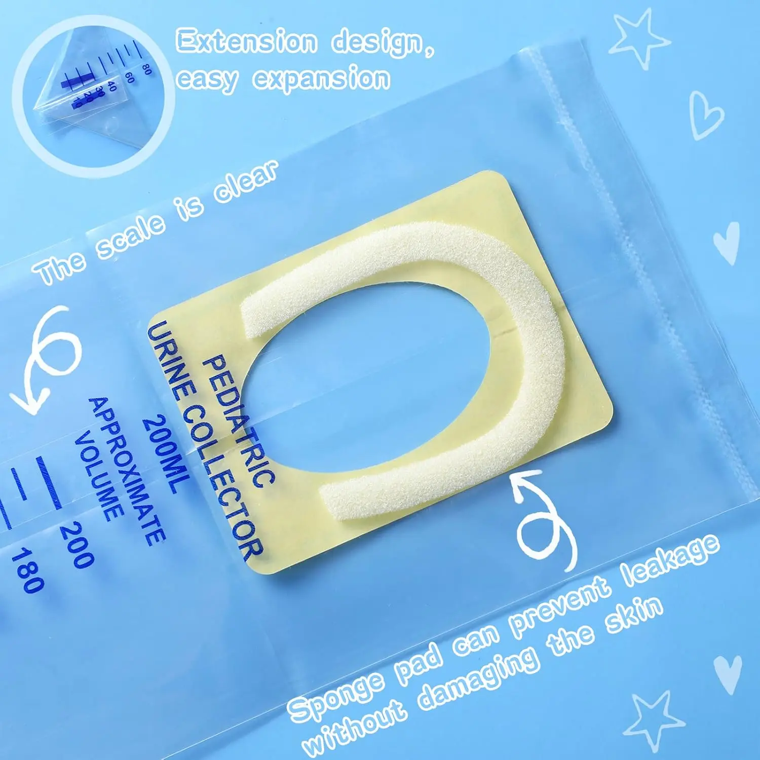 This image shows a clear, disposable pediatric urine collection bag, individually packaged for easy and sanitary urine collection from children.