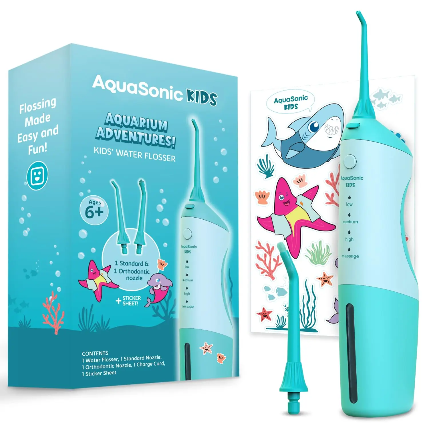 AquaSonic kids water flosser with a fun aquarium theme, designed for children ages six and up, includes standard and orthodontic nozzles, waterproof stickers, and multiple flossing modes.