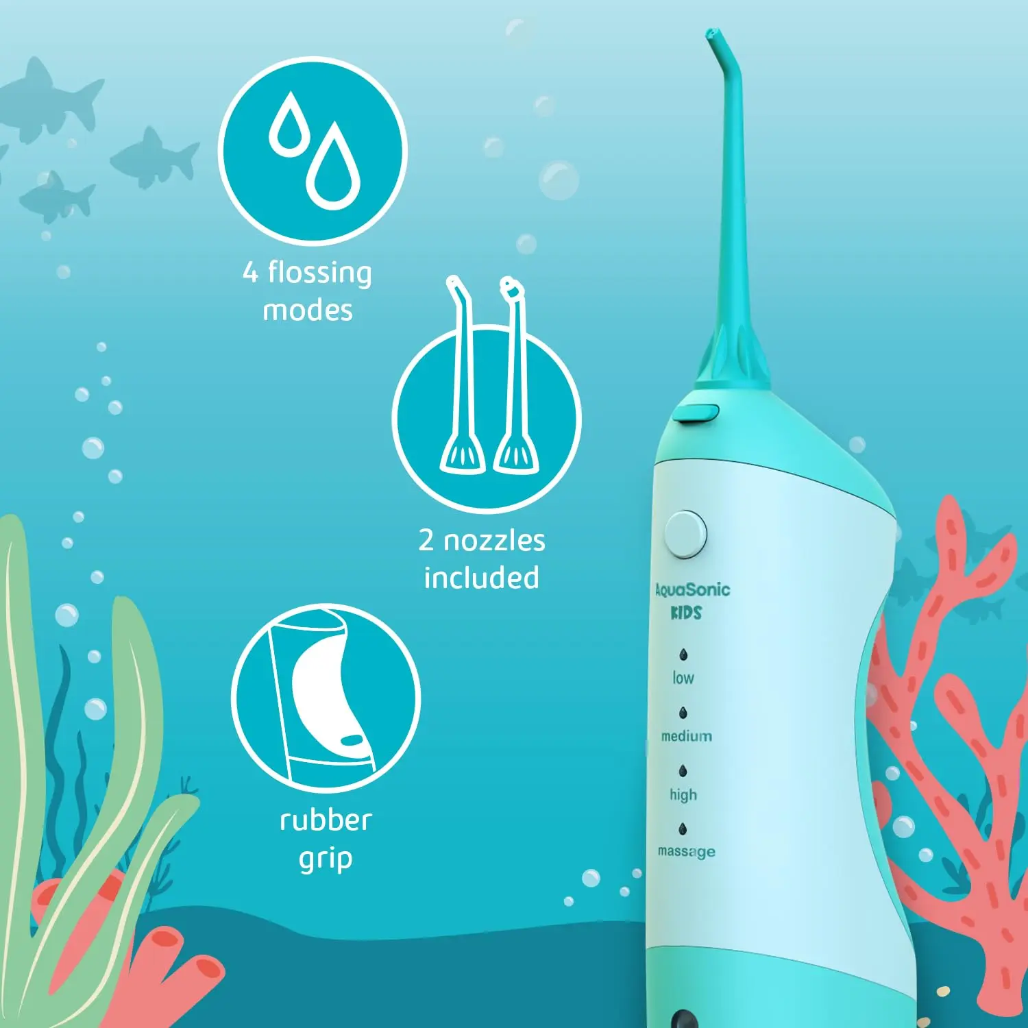 AquaSonic kids water flosser with a fun aquarium theme, designed for children ages six and up, includes standard and orthodontic nozzles, waterproof stickers, and multiple flossing modes.