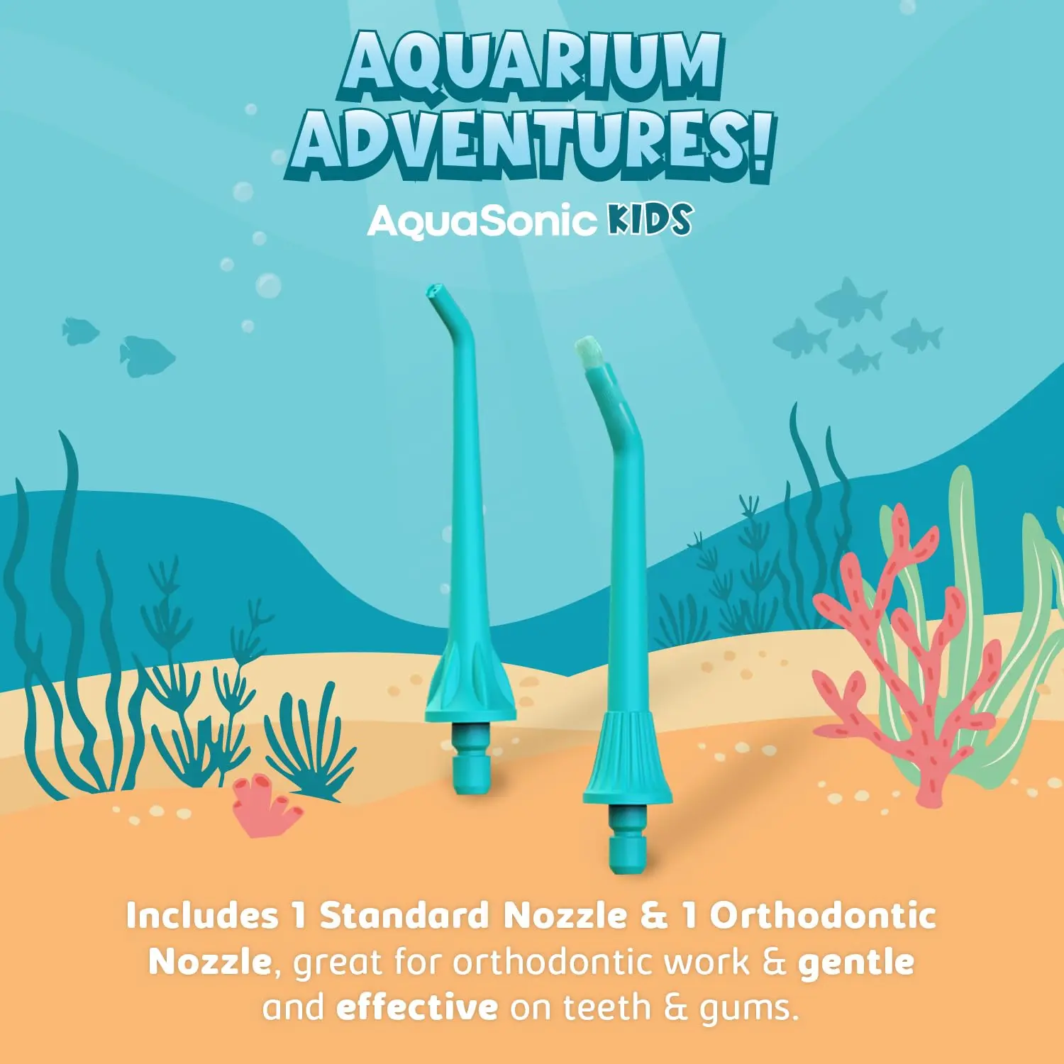AquaSonic kids water flosser with a fun aquarium theme, designed for children ages six and up, includes standard and orthodontic nozzles, waterproof stickers, and multiple flossing modes.