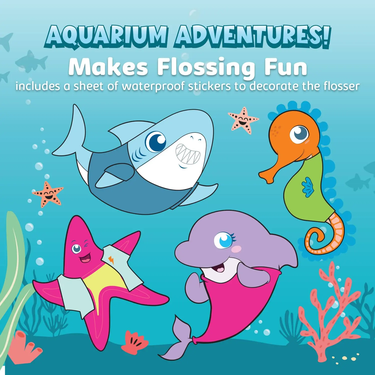 AquaSonic kids water flosser with a fun aquarium theme, designed for children ages six and up, includes standard and orthodontic nozzles, waterproof stickers, and multiple flossing modes.