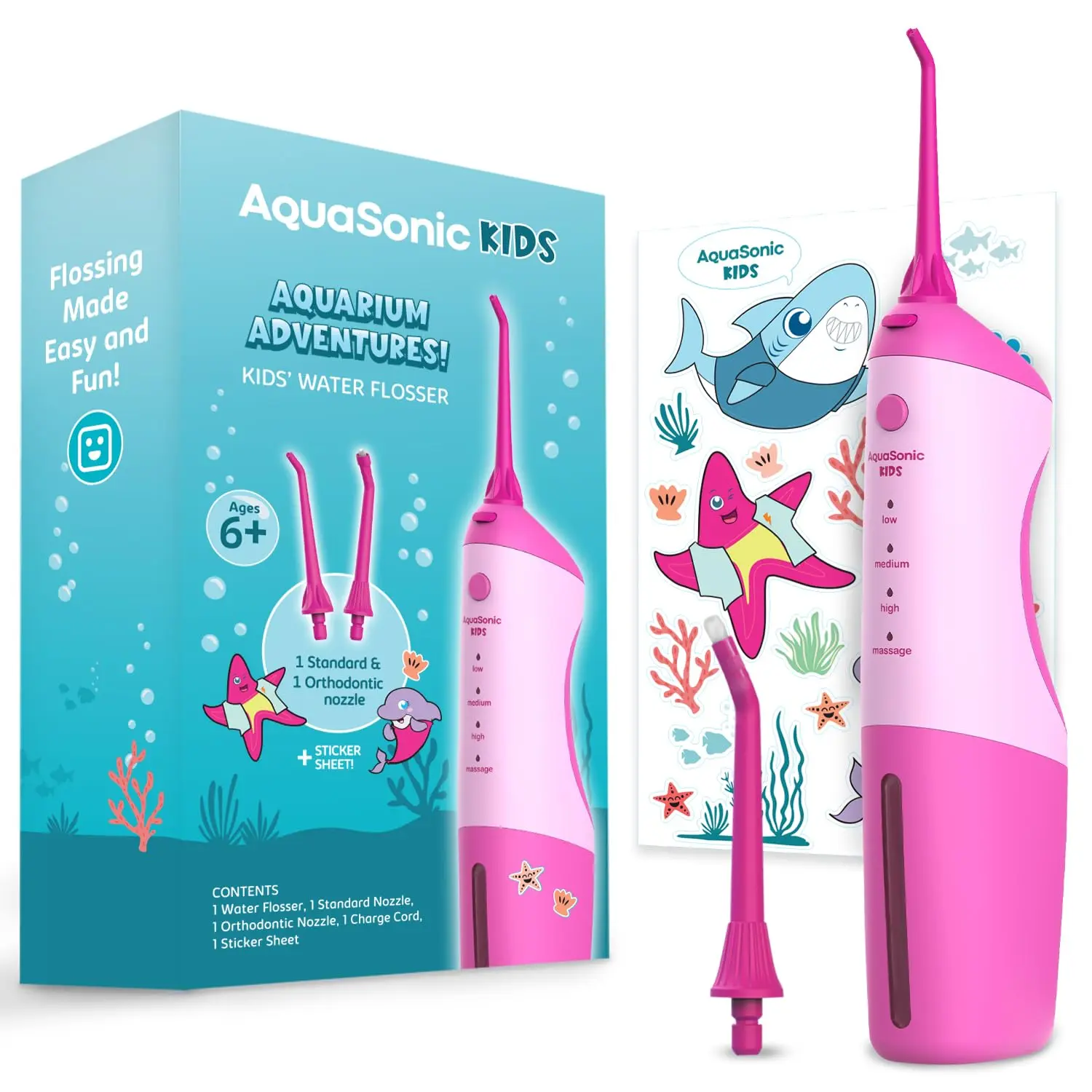 AquaSonic kids water flosser with a fun aquarium theme, designed for children ages six and up, includes standard and orthodontic nozzles, waterproof stickers, and multiple flossing modes.