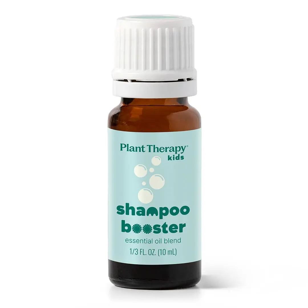 Plant Therapy KidSafe hair therapy essential oil blend naturally cleanses buildup and soothes irritated scalps, while softening and strengthening children's hair.