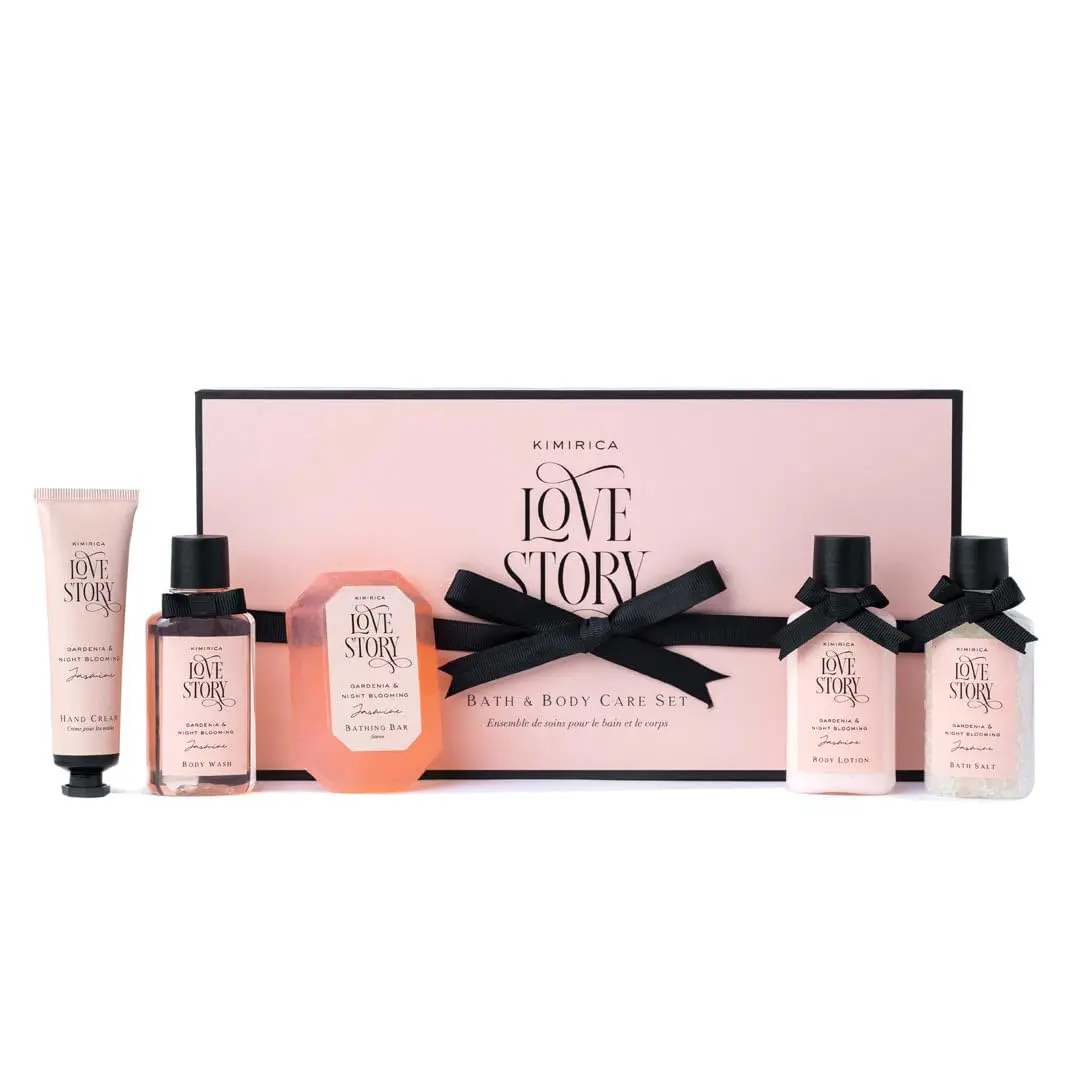 Kimirica Love Story bath and body care set, the ideal Valentine's gift, featuring romantic notes of gardenia and jasmine in luxurious packaging with a customized card.