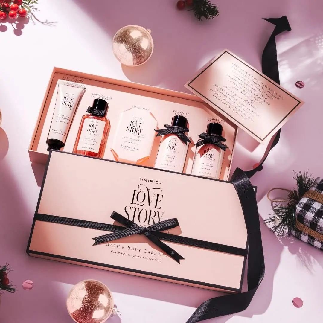 Kimirica Love Story bath and body care set, the ideal Valentine's gift, featuring romantic notes of gardenia and jasmine in luxurious packaging with a customized card.
