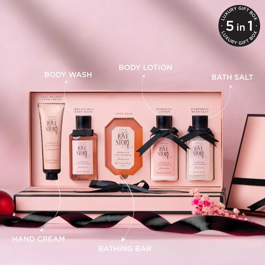 Kimirica Love Story bath and body care set, the ideal Valentine's gift, featuring romantic notes of gardenia and jasmine in luxurious packaging with a customized card.