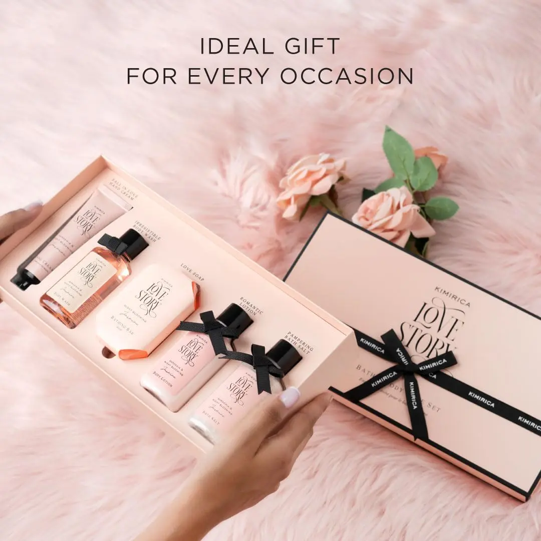 Kimirica Love Story bath and body care set, the ideal Valentine's gift, featuring romantic notes of gardenia and jasmine in luxurious packaging with a customized card.