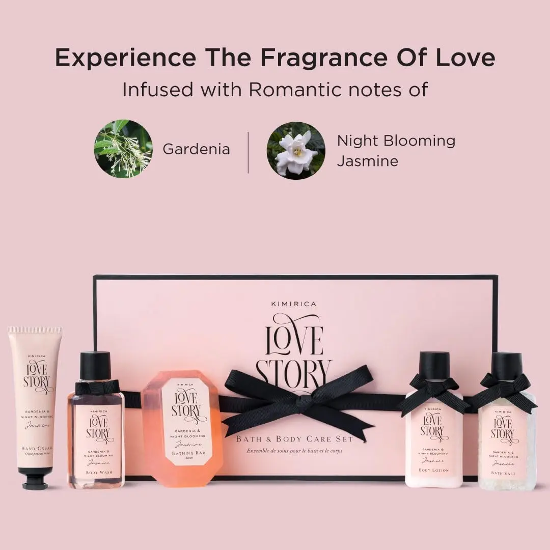 Kimirica Love Story bath and body care set, the ideal Valentine's gift, featuring romantic notes of gardenia and jasmine in luxurious packaging with a customized card.