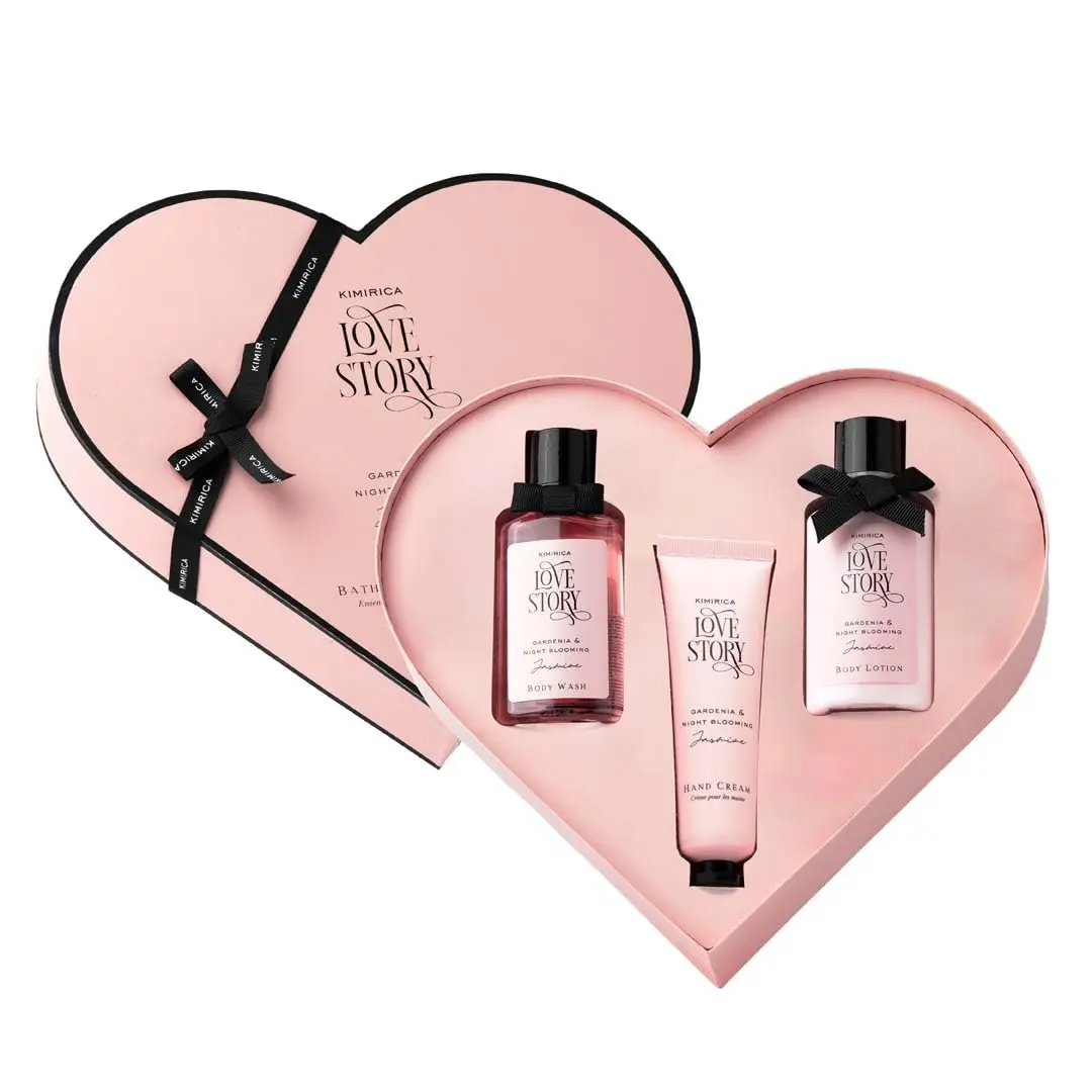 Kimirica Love Story Valentine's gift set in a heart-shaped box, featuring luxury bath and body products with jasmine, bergamot, and shea butter.