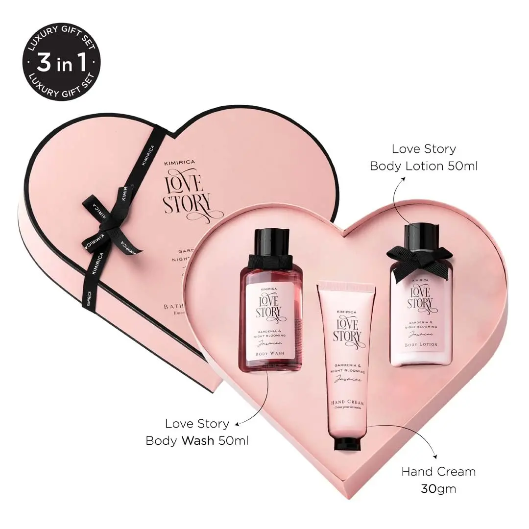 Kimirica Love Story Valentine's gift set in a heart-shaped box, featuring luxury bath and body products with jasmine, bergamot, and shea butter.