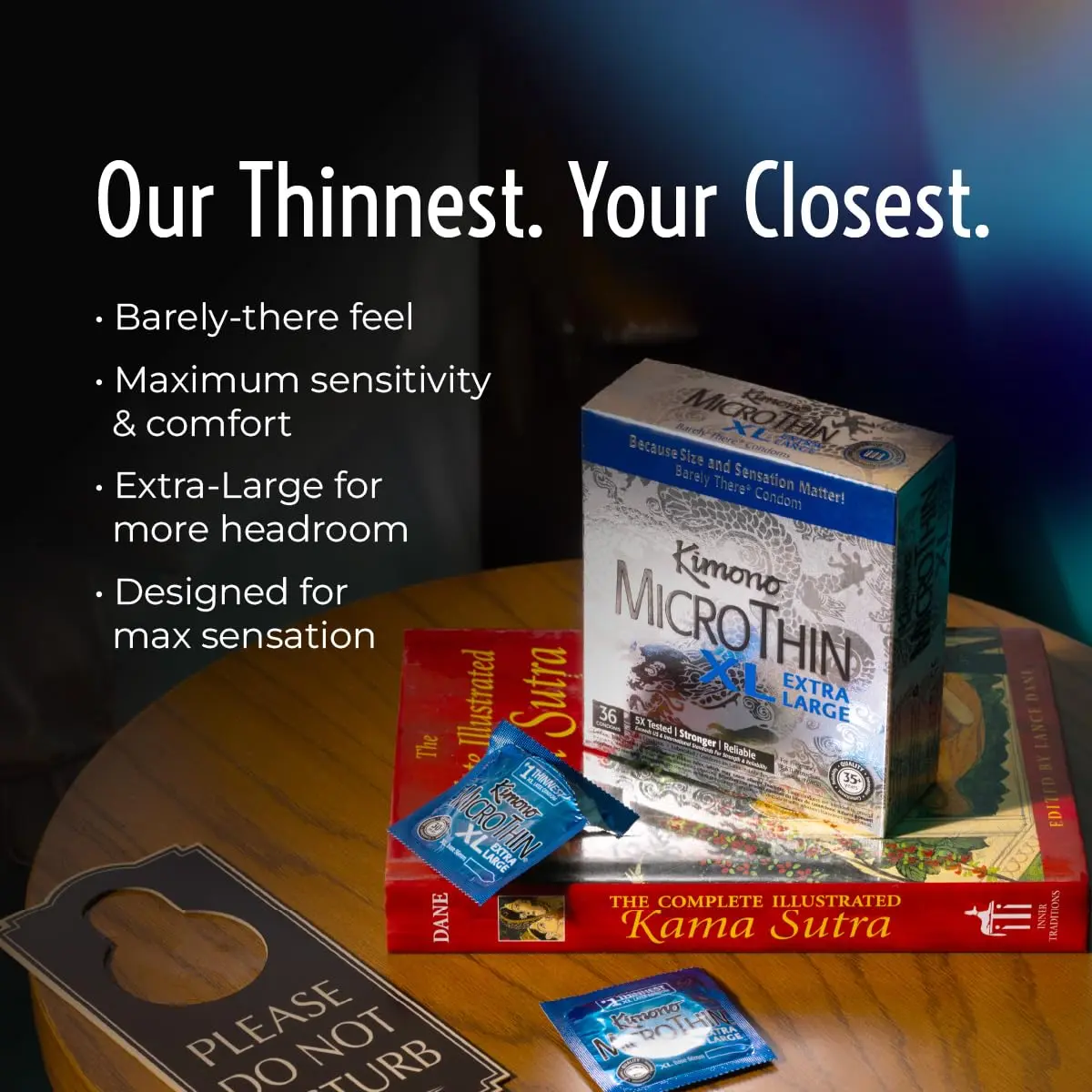 Kimono MicroThin XL condoms are extra-large, ultra-thin condoms designed for enhanced sensitivity and a comfortable fit, made with premium latex.