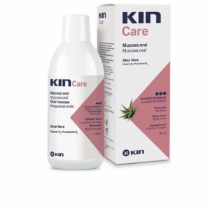 A bottle of Kin Care Rinse Aloe Vera mouthwash, offering gentle oral care for adults in a 250ml size.