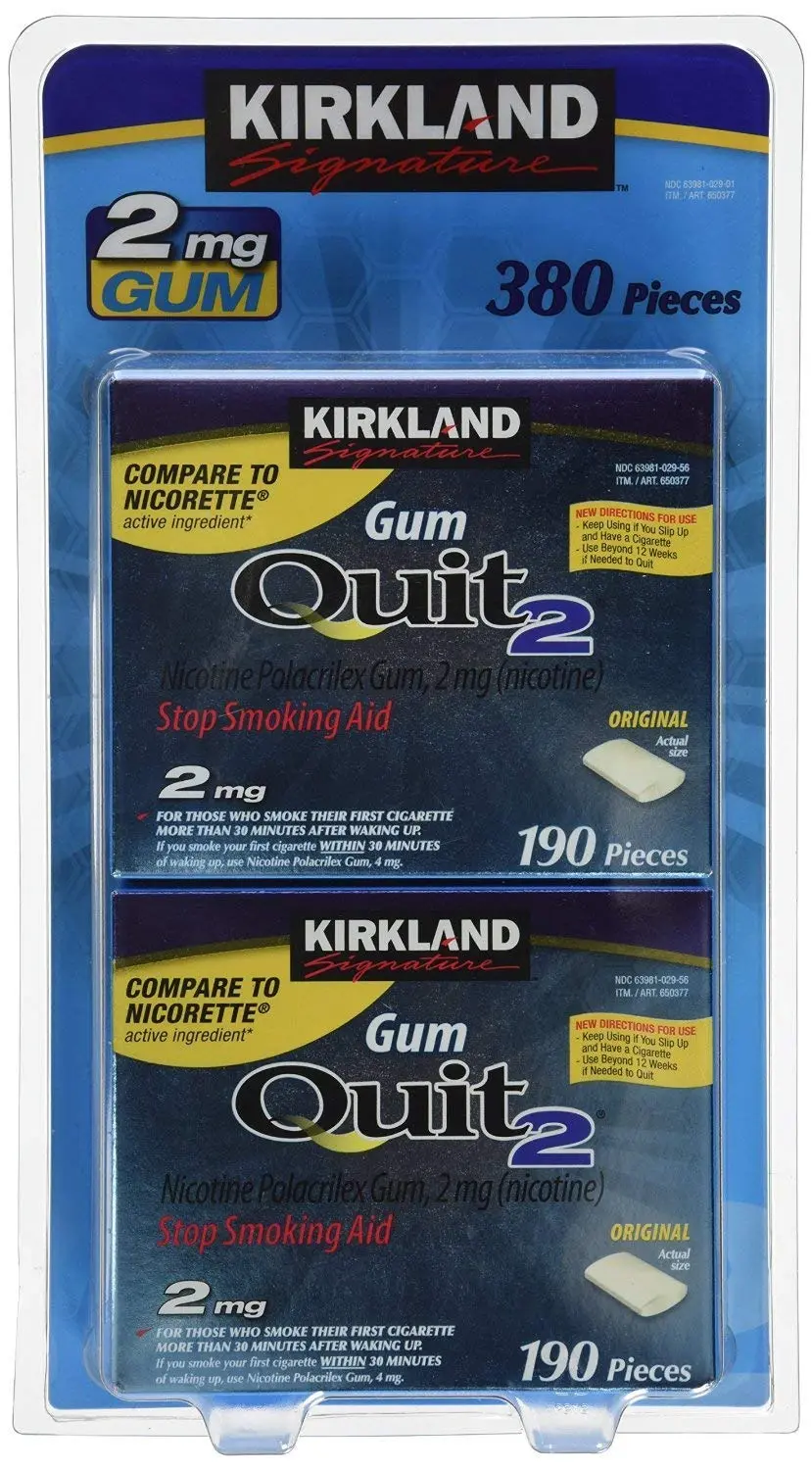 A box of Kirkland Signature Quit Smoke Gum with 2mg of nicotine in original flavor to help you quit smoking.