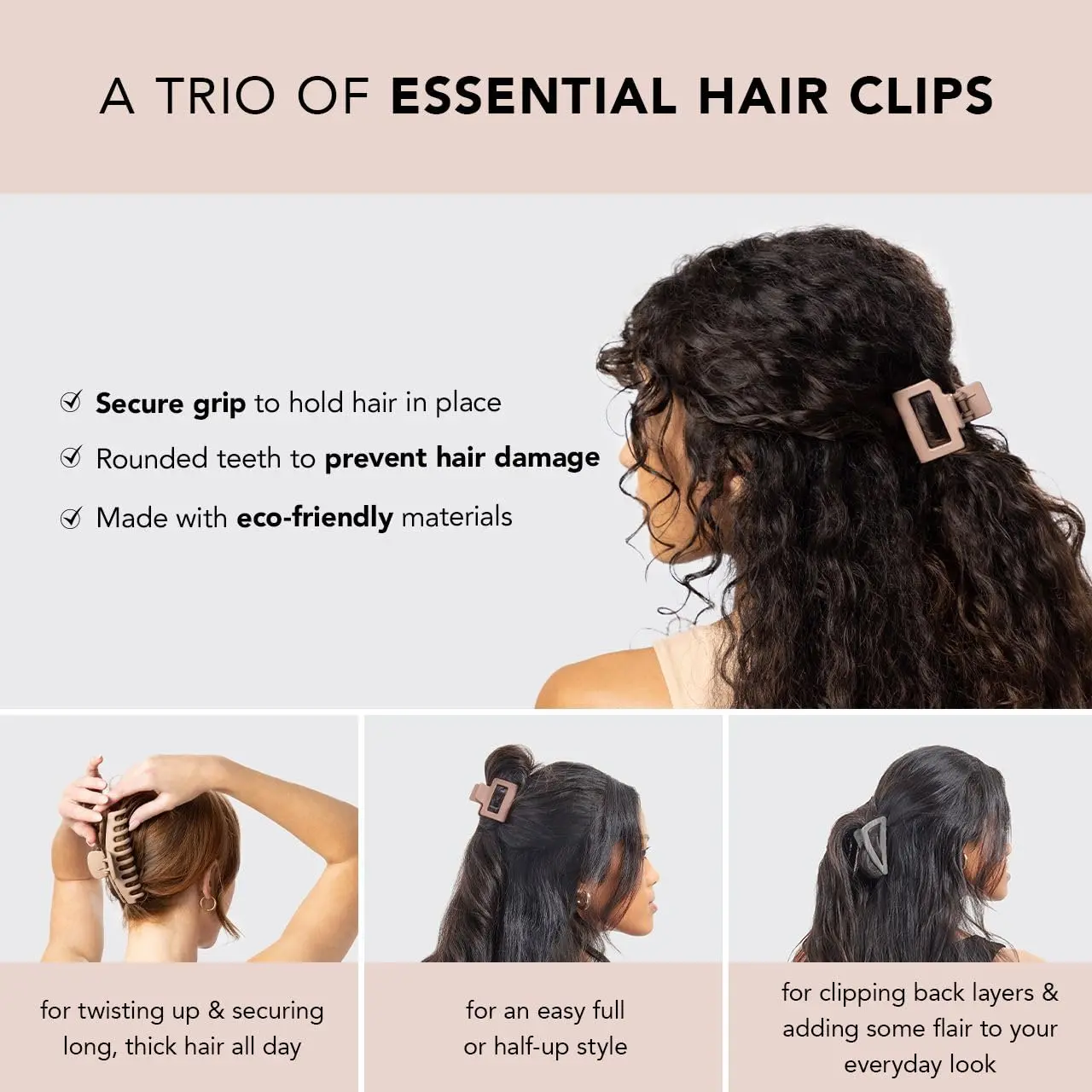 This set of Kitsch recycled plastic claw clips includes a large octopus clip, a medium open shape claw clip, and a flat lay claw clip suitable for all hair types and styling needs.