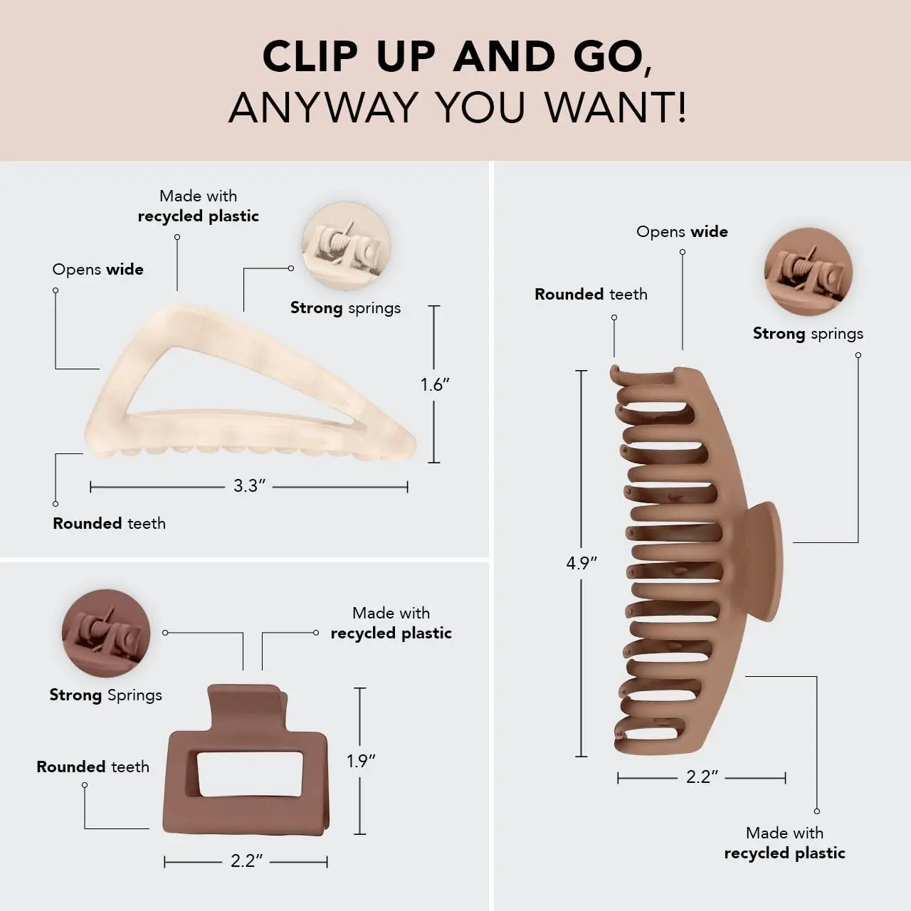 This set of Kitsch recycled plastic claw clips includes a large octopus clip, a medium open shape claw clip, and a flat lay claw clip suitable for all hair types and styling needs.