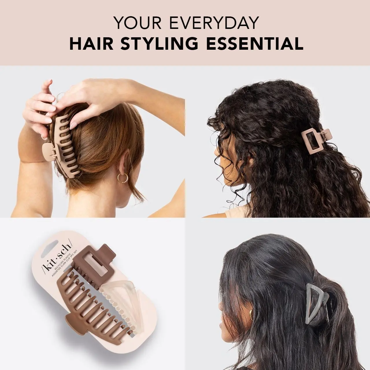 This set of Kitsch recycled plastic claw clips includes a large octopus clip, a medium open shape claw clip, and a flat lay claw clip suitable for all hair types and styling needs.