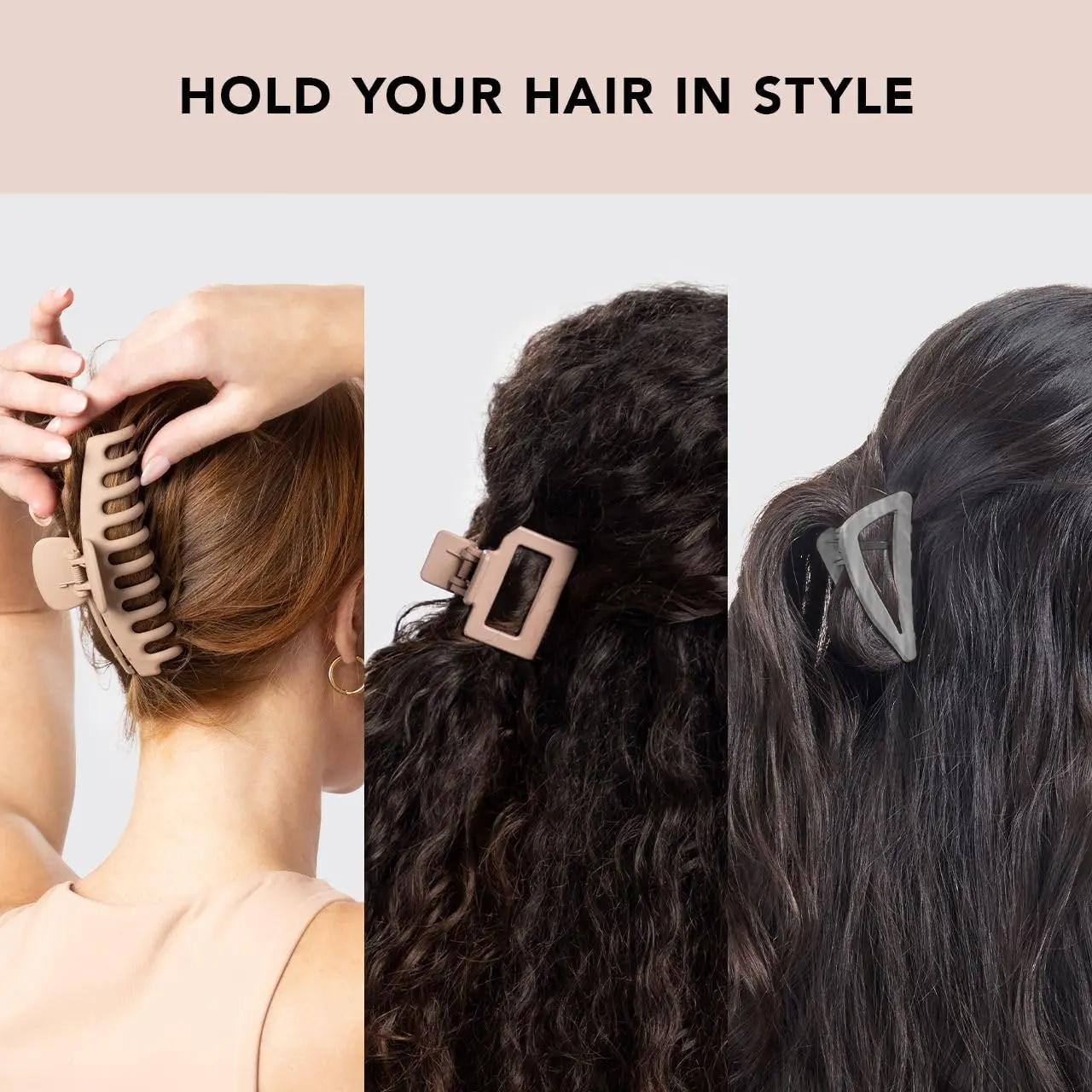 This set of Kitsch recycled plastic claw clips includes a large octopus clip, a medium open shape claw clip, and a flat lay claw clip suitable for all hair types and styling needs.