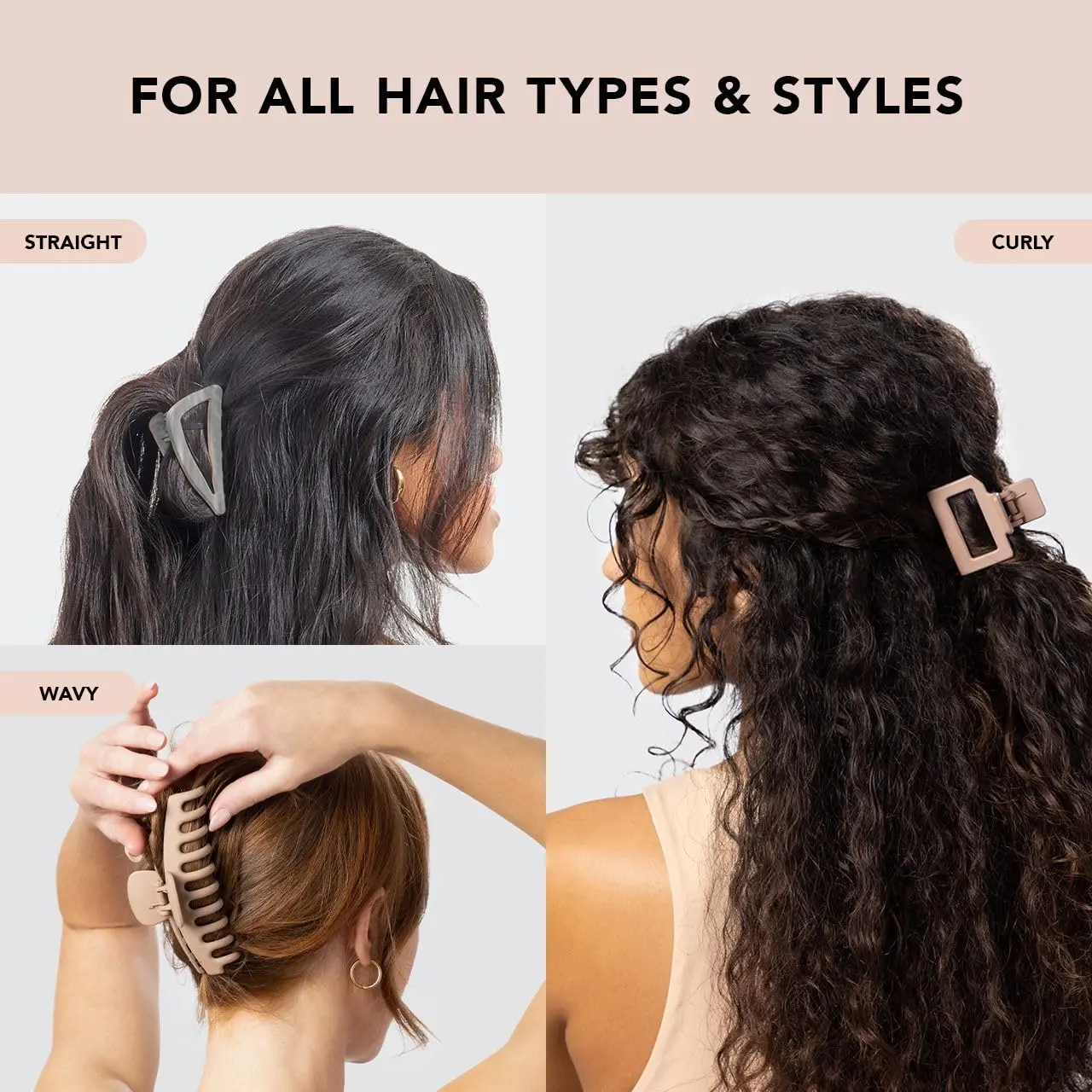 This set of Kitsch recycled plastic claw clips includes a large octopus clip, a medium open shape claw clip, and a flat lay claw clip suitable for all hair types and styling needs.