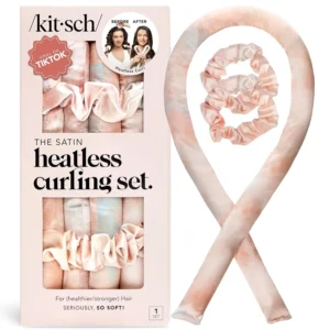 Achieve damage-free, overnight curls with the Kitsch satin heatless curling set, including a curling rod and two matching scrunchies, perfect for all hair types and a great gift for women.