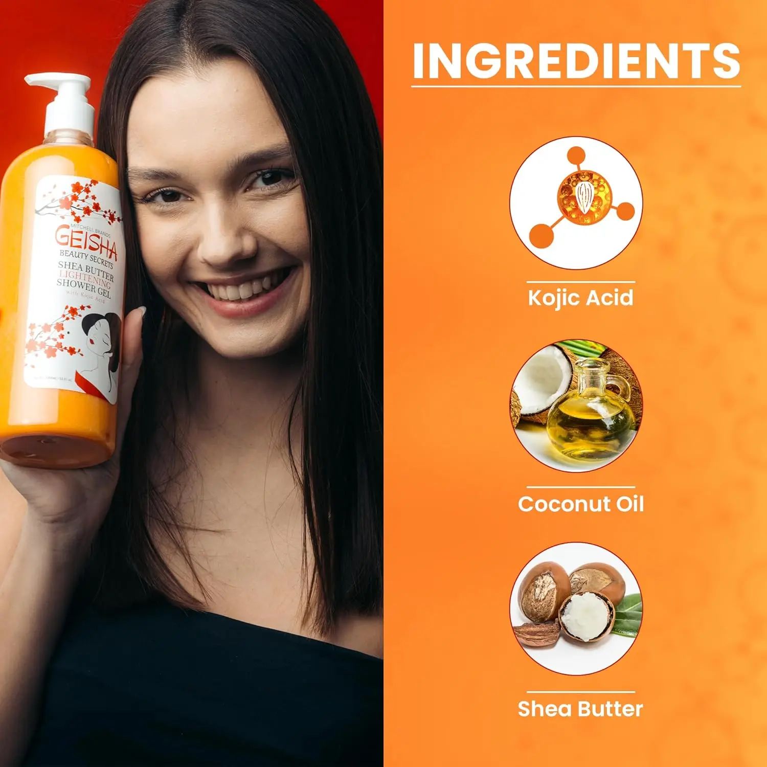 This kojic acid body wash with shea butter and coconut oil gently cleanses, hydrates, and brightens skin for a healthy, radiant glow, targeting dark spots and dryness.