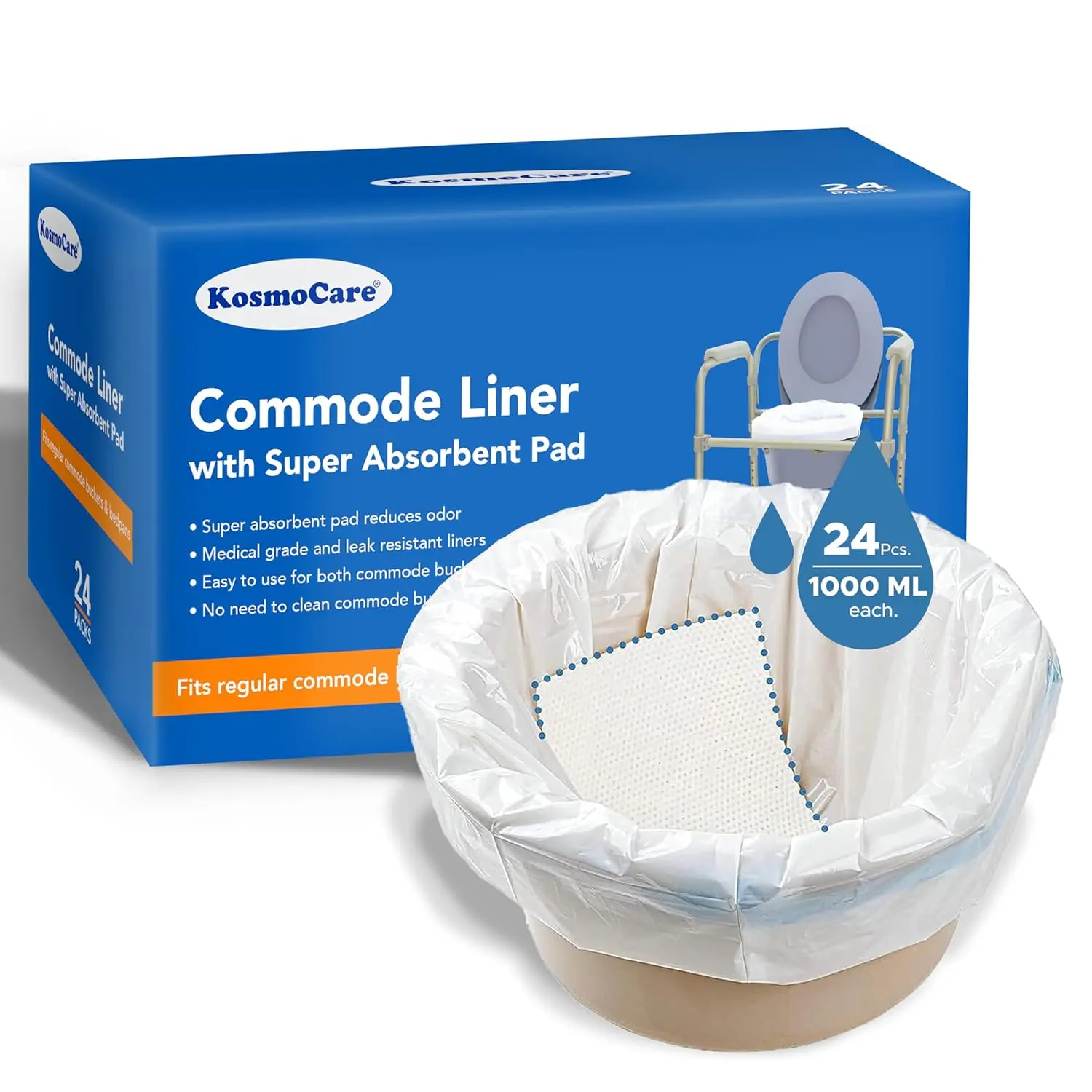 KosmoCare disposable commode liners with super absorbent pads provide a hygienic and convenient solution for bedside commodes, eliminating mess and odors with easy disposal.