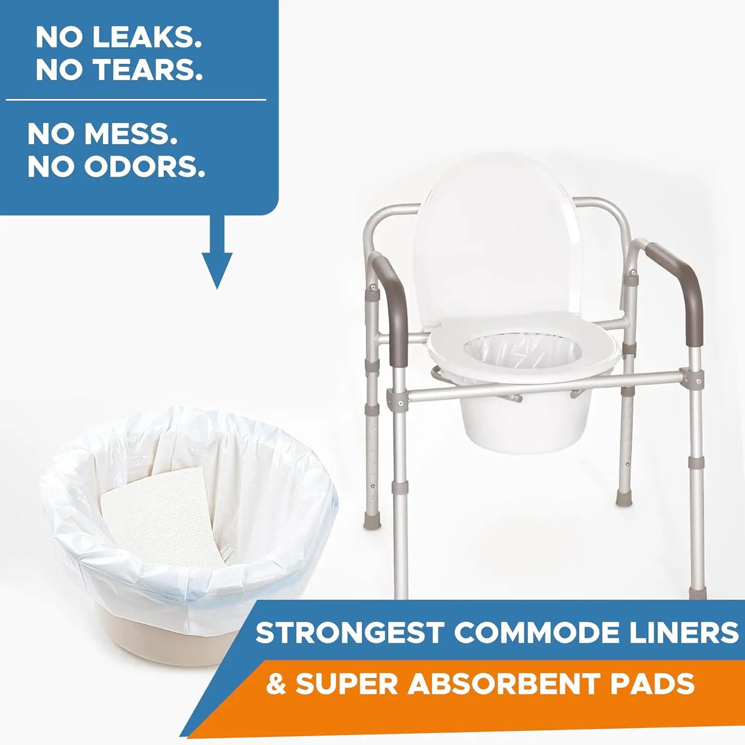 KosmoCare disposable commode liners with super absorbent pads provide a hygienic and convenient solution for bedside commodes, eliminating mess and odors with easy disposal.