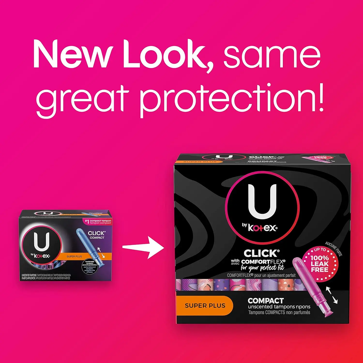 U by Kotex Click super plus tampons offer up to 100% leak-free protection and expand to a full-size tampon in one click.