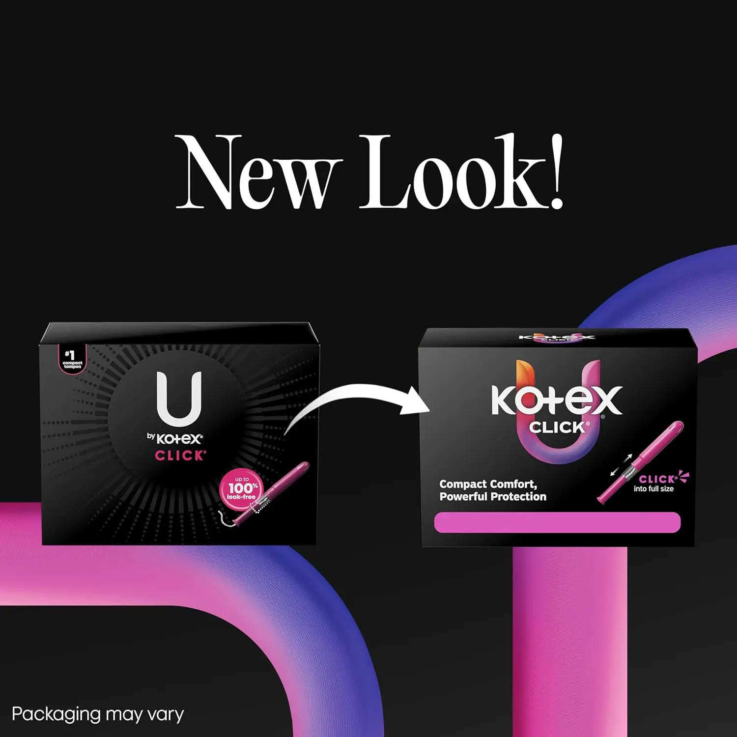 This is a 45-count package of U by Kotex Click compact tampons with super absorbency and Xpress-DRI protection, individually wrapped in colorful patterns and unscented.