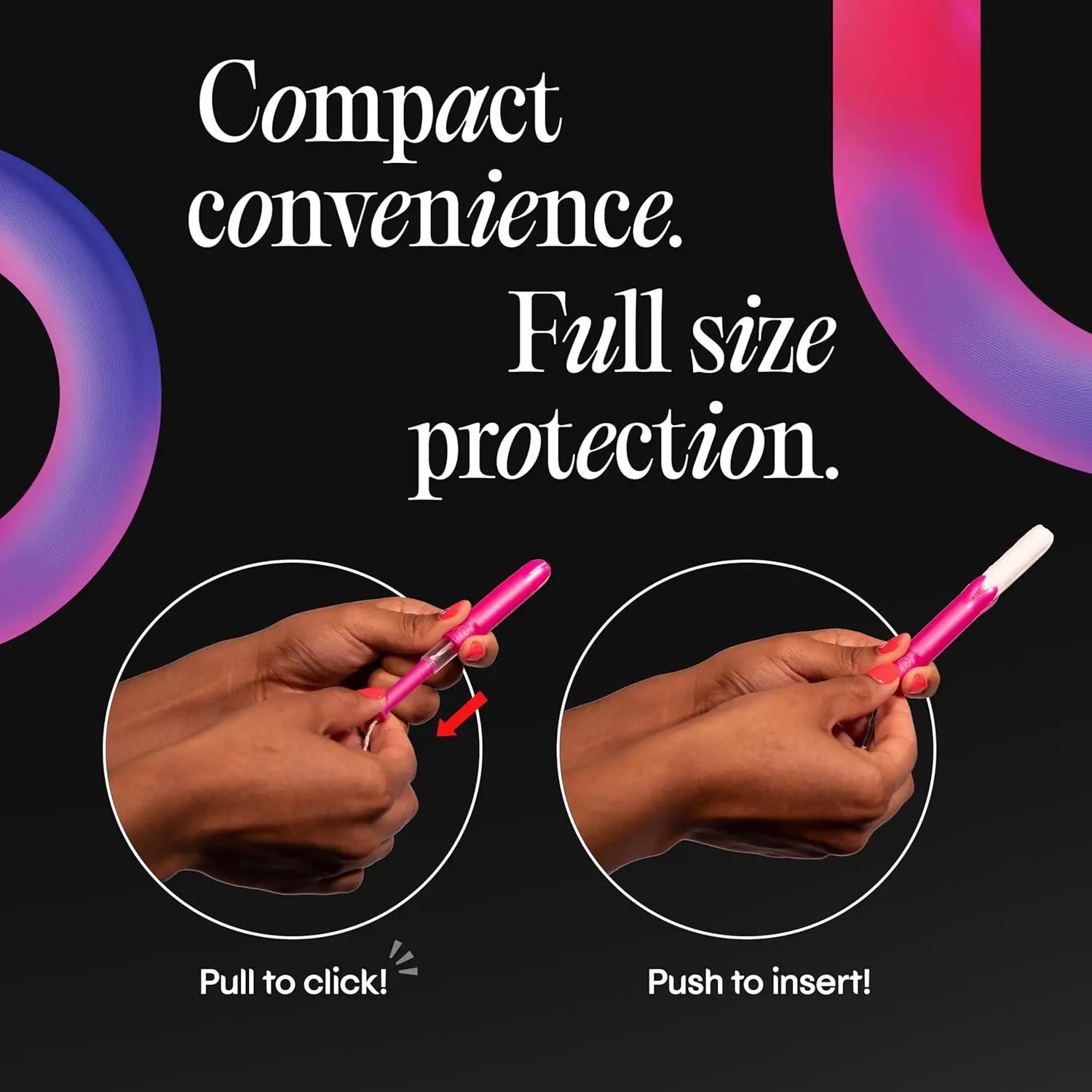 This is a 45-count package of U by Kotex Click compact tampons with super absorbency and Xpress-DRI protection, individually wrapped in colorful patterns and unscented.