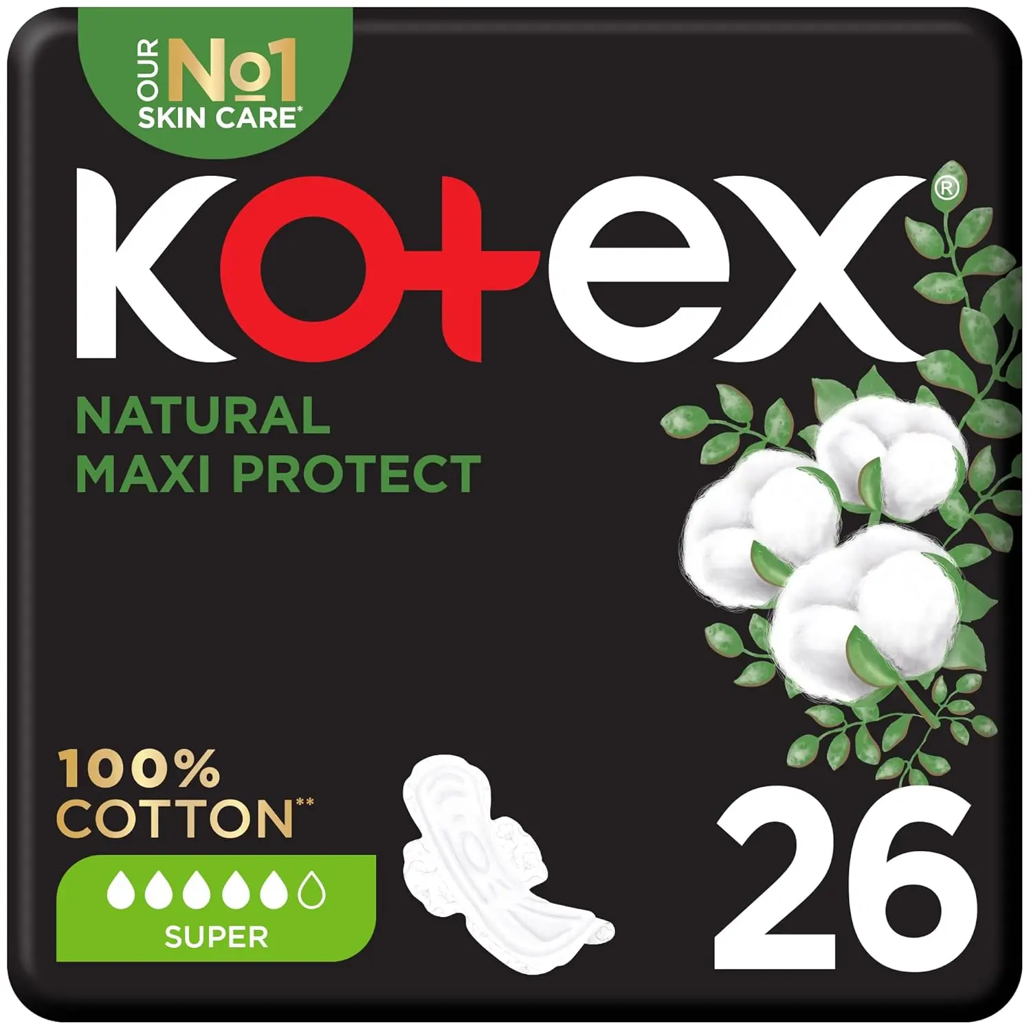 Kotex Natural Maxi Thick sanitary pads made with 100% cotton for heavy flow, offering natural protection, long-lasting freshness, and freedom of movement.