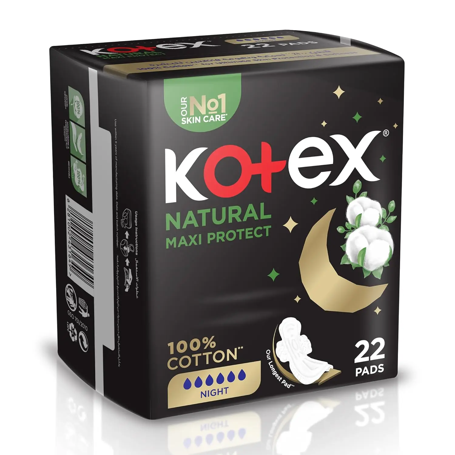 Kotex Natural Maxi Pads offer overnight protection with a 100% cotton cover and anti-leak channels, providing comfortable and secure feminine care.