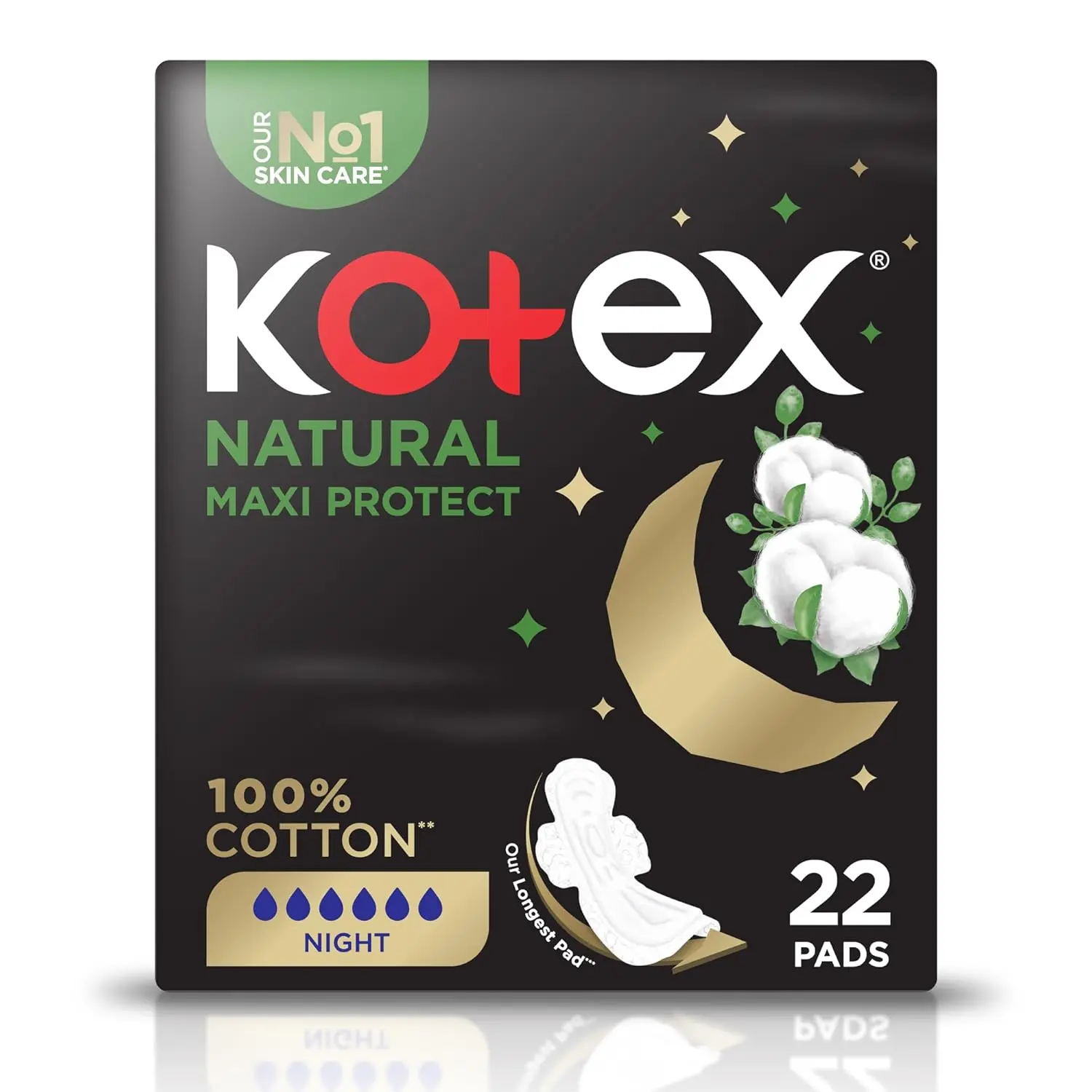 Kotex Natural Maxi Pads offer overnight protection with a 100% cotton cover and anti-leak channels, providing comfortable and secure feminine care.