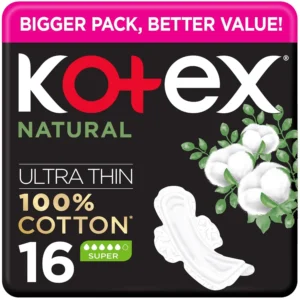 Kotex Natural Ultra Thin Pads are made with 100% cotton for natural, gentle, and efficient protection during medium to heavy flow days, offering a discreet and secure fit.