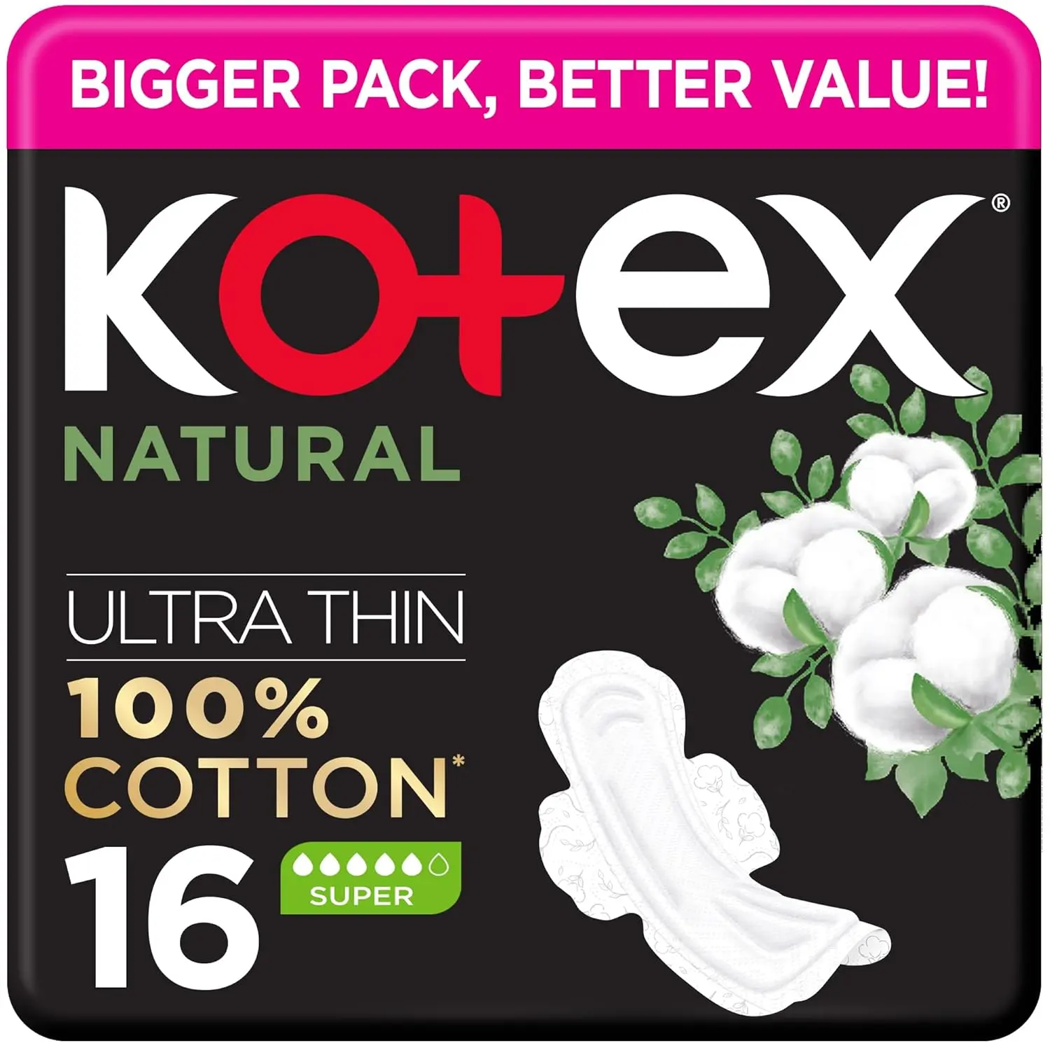 Kotex Natural Ultra Thin Pads are made with 100% cotton for natural, gentle, and efficient protection during medium to heavy flow days, offering a discreet and secure fit.